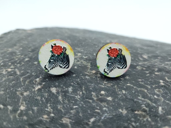 Zebra 3D Holz Scheiben Ohrstecker